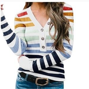 MEROKEETY Striped Sweater Knit 1/4 Button pullover Long Sleeve size M